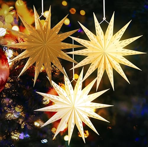SUNBEAUTY 3 Stück Papierstern Lampenschirm 45cm Hellbraun Original Holzfarbe Weiß Faltsterne Dekoration 14 Ecken Aushöhlen Sterne Party Deko für Weihnachts Hochzeit Geburtstag Tischdeko Classroom von SUNBEAUTY