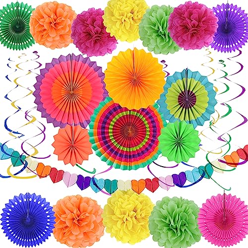 SUNBEAUTY 33 Stück Party Dekoration Pompons, Papierfächer, Bunt Girlande Papier und Hängende Spiral Girlande Party Deko Set für Hochzeit Geburtstag Sommer Dekoration Festival Mexikanische Fiesta von SUNBEAUTY