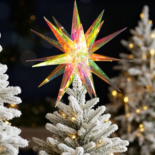 SUNBEAUTY 35 cm Weihnachtsstern Beleuchtet Außen mit Ständer,Weihnachtsbaum Stern Leuchtstern LED Weihnachtsstern zum Aufhängen,3D Irisierender Stern Weihnachtsdeko Christbaumschmuck 21 Angle Star von SUNBEAUTY