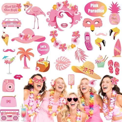 SUNBEAUTY 36 Stück Hawaii Foto Requisiten Rosa Flamingos Photo Booth Props für Sommer Party Dekoration Geburtstag Dekorationen Poolparty von SUNBEAUTY