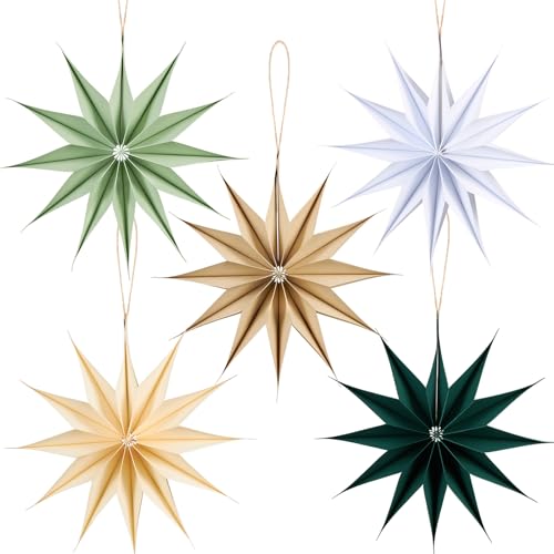 SUNBEAUTY 5 Stück Papiersterne zum Aufhängen 29cm Beige,Papiersterne Weihnachten Zwölf Ecken Weihnachtssterne Braun Weiß Dunkelgrün,Weihnachtsdeko Tischdeko für Zimmer Hochzeit Geburtstag von SUNBEAUTY