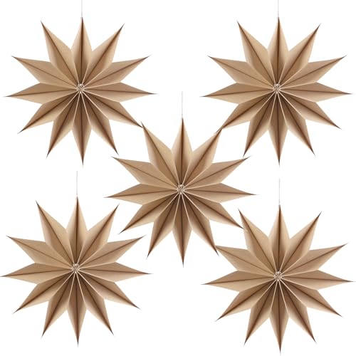 SUNBEAUTY 5er Set Papiersterne 30cm Original Holzfarbe Faltstern 12 Zacken Faltsterne Party Deko für Hochzeit Geburtstag Tischdeko von SUNBEAUTY