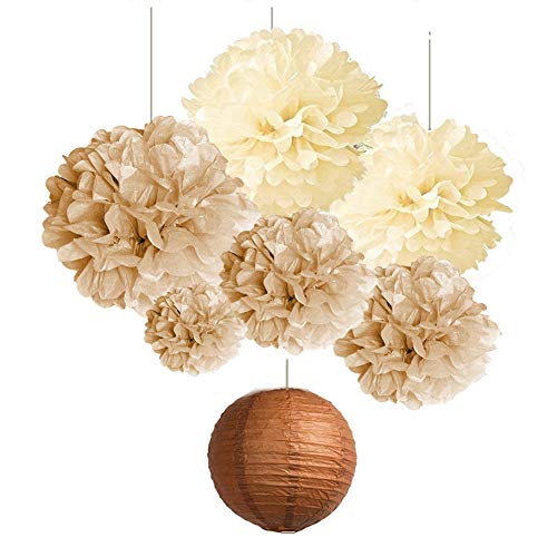 Sunbeauty 7 Stück Pompons Deko Beige Deko Braun Seidenpapier Pompoms Original Holzfarbe Lampions für Babyshowerparty Deko, Geburtstagsdeko Deko, Boho Deko, Hochzeit, Zimmer Dekoration von SUNBEAUTY