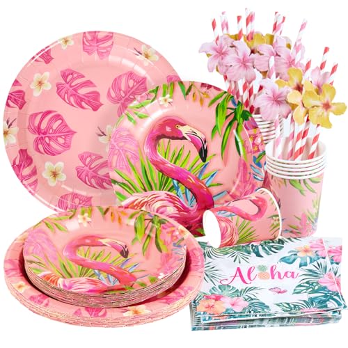 SUNBEAUTY 80 Stück Hawaii Partygeschirr, Tropischer Vogel Pappteller Kindergeburtstag mit Pappbecher Servietten Strohhalme Pappteller für Kindergeburtstag Flamingos Deko Geburtstag Dekoration von SUNBEAUTY