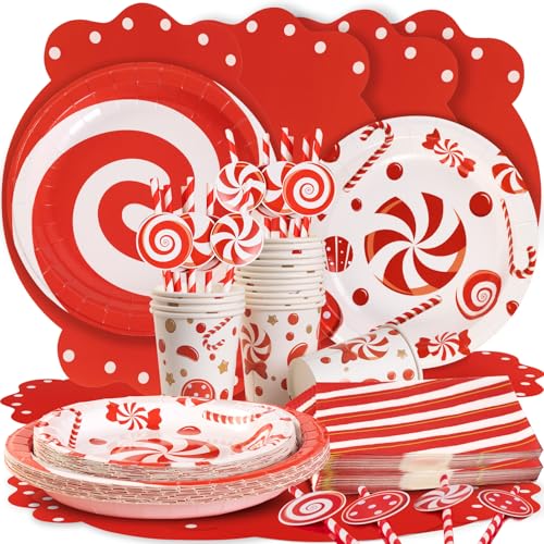 SUNBEAUTY 80 Stück Weihnachten Partygeschirr Set 16 Gäste Weihnachts Pappteller Rote Zuckerstangen Element Servietten Pappbecher Papierpipette Weihnachten Partyzubehör Set für Weihnachten Party Deko von SUNBEAUTY