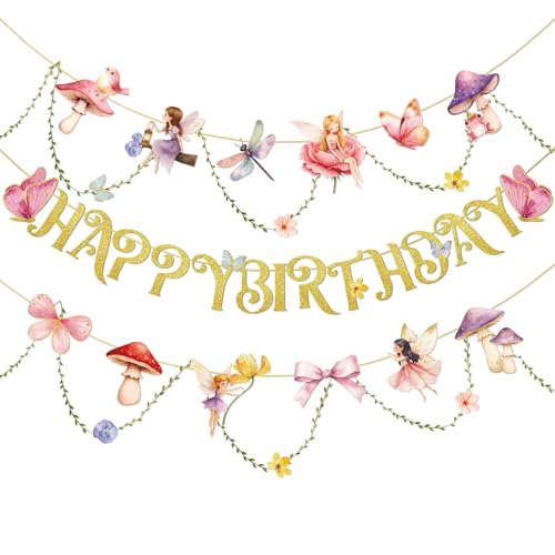 SUNBEAUTY Happy Birthday Girlande Rosa Feen Geburtstag Deko Blumen Girlande Schmetterlinge Deko für Kindergeburtstag Gartenparty Deko FrüHling Sommer Deko Innen von SUNBEAUTY