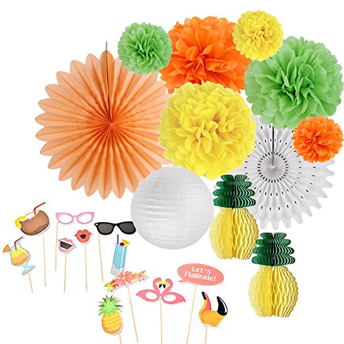 SUNBEAUTY Hawaii Party Deko, Anana Flamingo Pompom Wabenball Papierfächer Lampion Foto Requisiten Papier Foto Booth Props Tiki Sommer Sommerfest Geburtstagsparty von SUNBEAUTY