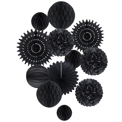 SUNBEAUTY Schwarz Deko Geburtstag Papier Pompons Deko Schwarz Hängende Papierblumen Pompons Lampion Seidenpapier Wabenbälle Deko for Mädchen Jungen Geburtstag, Hochzeit Party von SUNBEAUTY