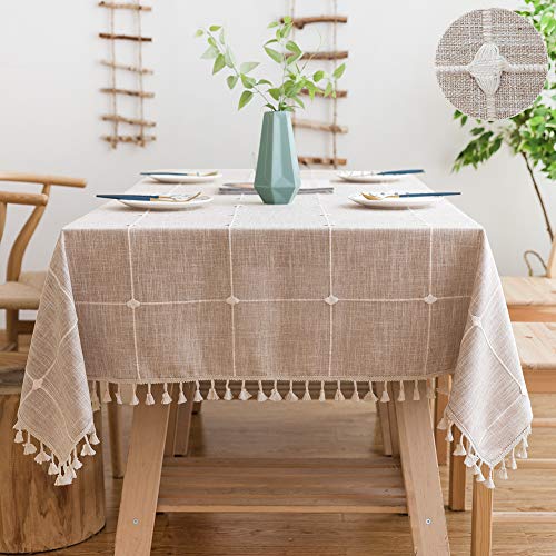 SUNBEAUTY Tischdecke Abwaschbar 140x200 Tischdecke Baumwolle Leinen Tischdecken Rechteckig Tischtuch Beige mit Quasten für Home Küche Speisetisch Dekoration von SUNBEAUTY