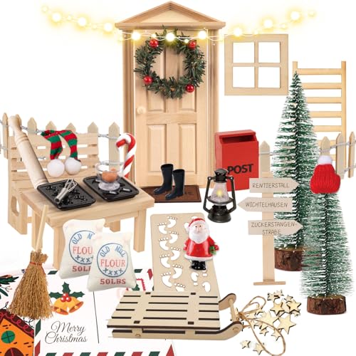 SUNBEAUTY Weihnachten Wichteltür Set Komplettset inkl Wichtelbriefe Backset Briefkästen Schilder und vielen weiterem Zubehör Weihnachtsdekoration für Kinder Weihnachten Kinderzimmer Deko DIY Geschenk von SUNBEAUTY