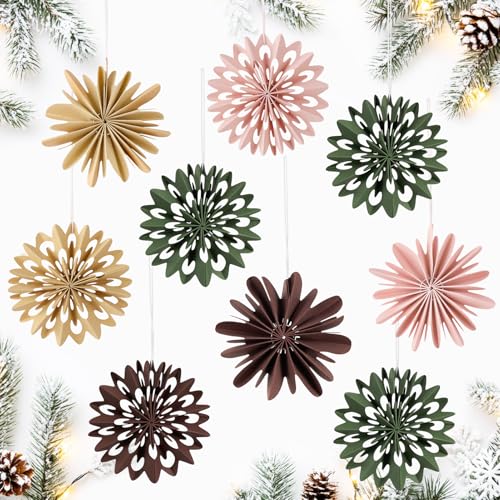 SUNBEAUTY Weihnachtsbaum Deko 3D Mini Papier Aufhängen Fächer Schneeflocke Hängen Papier Girlande Boho Pappsterne für Aussen Innen, Zuhause Weihnachten Deko Tischdeko,Waldgeburtstag (9 Stück,Bunt) von SUNBEAUTY