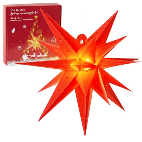 SUNBEAUTY Beleuchtet Batterie mit Timer, 58CM Hängend Aussen Led Stern, 3D Leuchtstern, Rot für innen und außen von SUNBEAUTY
