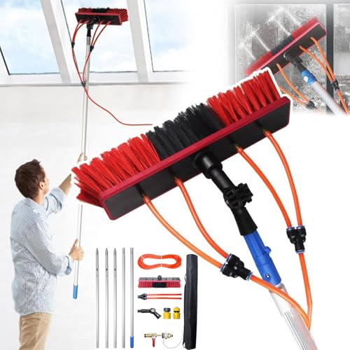 SUNBGRPYE 35/55 cm FensterreinigungsbüRste + VerläNgerungsstange (5–12 m), Tragbares Teleskop-Reinigungswerkzeug Mit WassersprüHfunktion, Mit 20 m Wasserschlauch, FüR Solarmodule,55cmBrush-9m von SUNBGRPYE