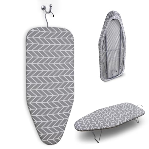 SUNDOY 70x30cm Tisch-Bügelbrett mit Haken, 5mm Polsterung & 100% Baumwollbezug, Kompakte Bügelstation mit Metallgitterfläche, Ideale Lösung für kleine Räume und Waschküchen von SUNDOY