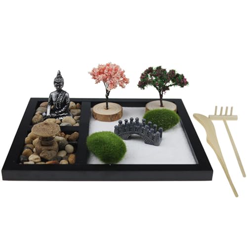 Zen Sand Meditations-Ornamente, Mini-Zen-Garten mit Sand, künstliche Bonsai-Baum, Felsen, Rechen und Zubehör Japanischer Zen-Garten für den Schreibtisch für zu Hause, Büro Ornament(wie gezeigt) von SUNERLORY