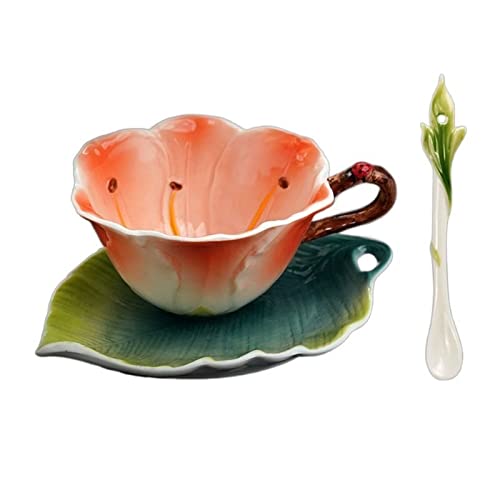 Kaffeetassen Exquisite emaillierte Keramiktassen mit Tassen, Tellern, Löffeln und pastoralen kreativen Kaffeetassen in Blumenform Kaffeeservice von SUNESA