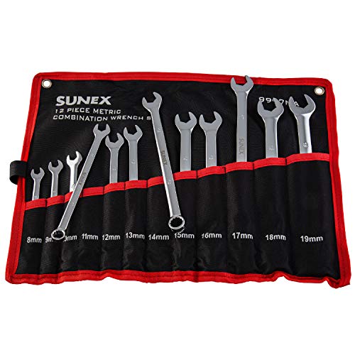 SUNEX Tools 9917MA Ringmaulschlüssel-Set, metrisch, V-Nut, 8 mm - 19 mm, komplett poliert, 12-teilig (inkl. Rollkoffer) von Sunex