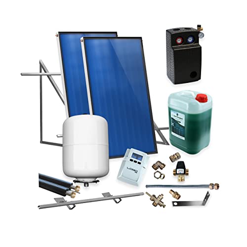 SUNEX® Solarthermie Komplett Solaranlage Solarpaket 2x Kollektoren AMX 2.0 + Flachdachmontageset + 10m Doppelrohr + Solarregler PWM + Pumpengruppe + Ausdehnungsgefäß + 10L Solarflüssigkeit von SUNEX