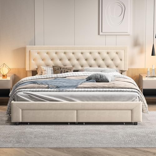 Boxspringbett 180x200 cm, Polsterbett Doppelbett mit Hydraulisch Stauraum und 2 Schubladen, Jugendbett Doppelbettgestell mit Kopfteil und Lattenrost, Samt (beige, 180x200cm) von SUNFECILI