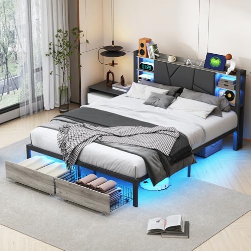 Doppelbett 180x200 cm mit LED-Ambiente und praktischem Stauraum, Schwarzes PU-Bett mit integriertem Nachttisch und USB-Anschlüssen, Multifunktionales Doppelbett mit zwei geräumigen Schubladen Doppelbett 180x200 cm mit LED-Ambiente und praktischem Stauraum, Schwarzes PU-Bett mit integriertem Nachttisch und USB-Anschlüssen, Multifunktionales Doppelbett mit zwei geräumigen Schubladen von SUNFECILI