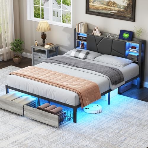 Doppelbett 160x200 cm mit LED-Ambiente und praktischem Stauraum, Schwarzes PU-Bett mit integriertem Nachttisch und USB-Anschlüssen, Multifunktionales Doppelbett mit zwei geräumigen Schubladen von SUNFECILI