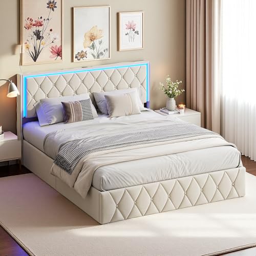 SUNFECILI Doppelbett 160x200cm mit Stauraum,Polsterbett mit USB-Anschlüssen und LED-Beleuchtung,Jugendbett mit praktischem Stauraum und stabilem Lattenrost,Stauraumbett,Samt,Beige von SUNFECILI