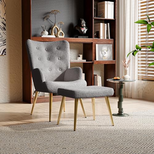 Ohrensessel mit Hocker, Loungesessel mit hoher Rückenlehne,Moderner Akzentstuhl mit Ottomane,gepolsterter bequemer Sessel mit Armlehnen loungesessel Wohnzimmer (Dunkelgrau) von SUNFECILI