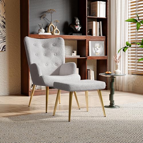 Ohrensessel mit Hocker, Loungesessel mit hoher Rückenlehne,Moderner Akzentstuhl mit Ottomane,gepolsterter bequemer Sessel mit Armlehnen loungesessel Wohnzimmer (Hellgrau) von SUNFECILI