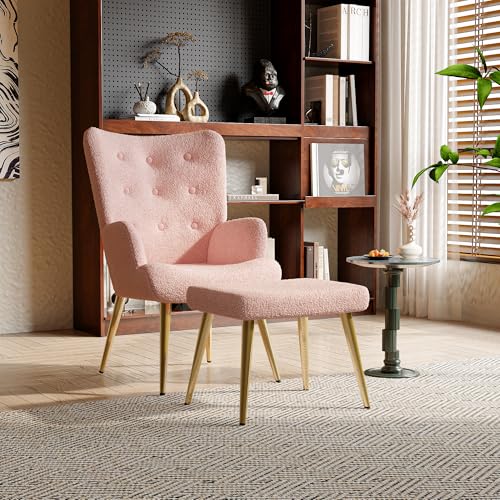 Ohrensessel mit Hocker, Loungesessel mit hoher Rückenlehne,Moderner Akzentstuhl mit Ottomane,gepolsterter bequemer Sessel mit Armlehnen loungesessel Wohnzimmer (Rosa) von SUNFECILI