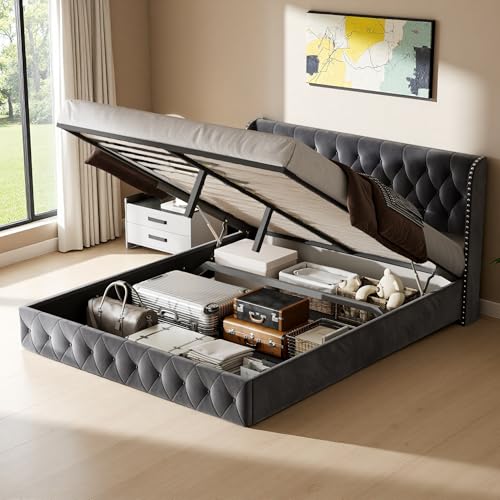 Polsterbett mit Stauraum,Doppelbett mit Kopfteil,Jugendbett,Funktionsbett,Stauraumbett mit Stauraum und Lattenrost, Hydraulisch Stauraumbett,Samt,Ohne Matratze (Dunkelgrau, 160 x 200 cm) von SUNFECILI