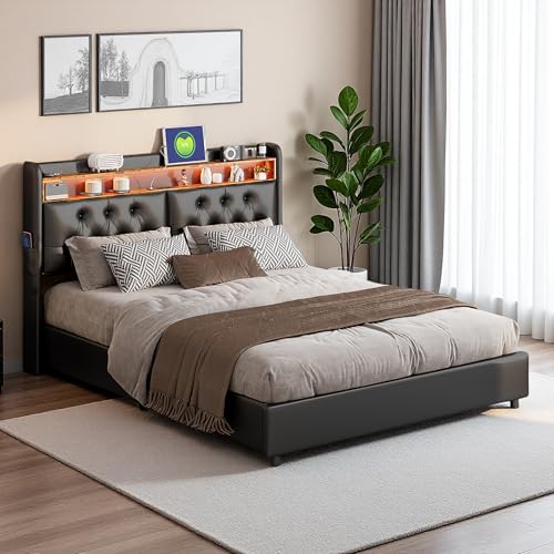 Polsterbett mit Stauraum,LED-Beleuchtung und USB-Anschlüssen,Doppelbett mit praktischen Hydraulikmechanismus für optimalen Platz,Jugendbett mit Lattenrost,PU-Leder,Schwarz (Schwarz-c, 140x200 cm) von SUNFECILI