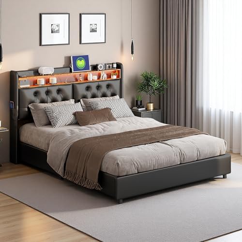 Polsterbett mit Stauraum,LED-Beleuchtung und USB-Anschlüssen,Doppelbett mit praktischen Hydraulikmechanismus für optimalen Platz,Jugendbett mit Lattenrost,PU-Leder,Schwarz (Schwarz-c, 160x200 cm) von SUNFECILI