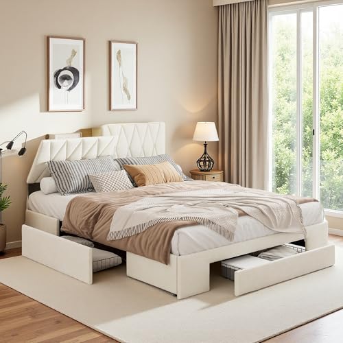 SUNFECILI Polsterbett 160 x 200 cm mit mit 3 Stauraum Schublade,integrierten Ladefunktionen,Kopfteil mit Stauraum und LED,Doppelbett aus hochwertigem Holz mit stabilem Lattenrost,Beige,Ohne Matratze von SUNFECILI