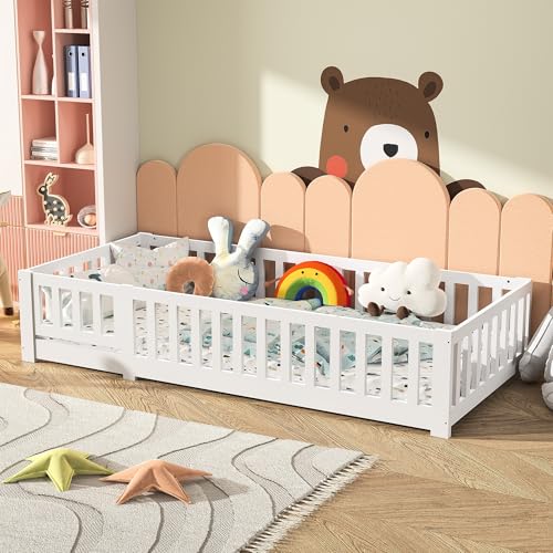SUNFECILI 2in1 Bodenbett 90x200 cm mit Sicherheitsbarriere und Lattenrost, Kinderbett mit Tür, Bett aus massivem Kiefernholz,Kinder Jugendbett, Weiß SUNFECILI 2in1 Bodenbett 90x200 cm mit Sicherheitsbarriere und Lattenrost, Kinderbett mit Tür, Bett aus massivem Kiefernholz,Kinder Jugendbett, Weiß von SUNFECILI