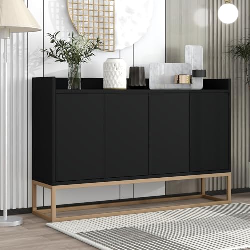 SUNFECILI Buffetschrank mit 4-türiger griffloser, Minimalistisches Sideboard Buffetschrank mit verstellbaren Regalen, Kommode Küchenschrank Aufbewahrungsschrank (Schwarz) von SUNFECILI