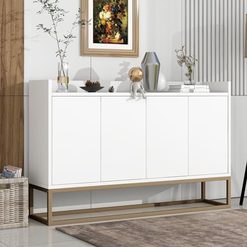 SUNFECILI Buffetschrank mit 4-türiger griffloser, Minimalistisches Sideboard Buffetschrank mit verstellbaren Regalen, Kommode Küchenschrank Aufbewahrungsschrank (Weiß) von SUNFECILI