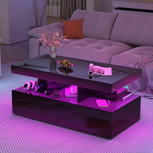 SUNFECILI Couchtisch mit LED-Beleuchtung, rechteckiger Couchtisch mit 2 Schubladen und offenen Fächern,Fernbedienung und App-Steuerung,Wohnzimmertisch Sofatisch für Wohnzimmer (Schwarz) von SUNFECILI