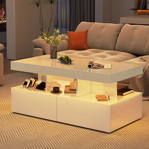 SUNFECILI Couchtisch mit LED-Beleuchtung, rechteckiger Couchtisch mit 2 Schubladen und offenen Fächern,Fernbedienung und App-Steuerung,Wohnzimmertisch Sofatisch für Wohnzimmer (Weiß) von SUNFECILI