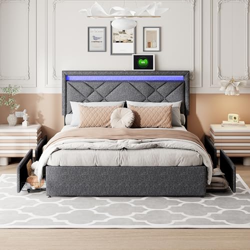 SUNFECILI Doppelbett mit 4 Schublade, Polsterbett mit USB Ladefunktion und LED-Kopfteil, Stauraumbett mit Lattenrost,Jugendbett Bettgestell, Leinenmaterial (140x200cm) von SUNFECILI