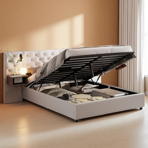 SUNFECILI Doppelbett mit Stauraum,großes Kopfteil mit 2 Schubladen,Polsterbett mit integrierten Nachtlichtern und USB-Anschluss,Jugendbett Stauraumbett für Erwachsene und Jugendliche (140x200 cm) von SUNFECILI