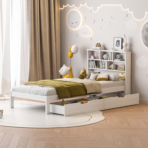 SUNFECILI Einzelbett 90x200 cm, Modernes Kinderbett mit Schubladen, Praktisches Bettgestell mit Lattenrost und Stauraum im Kopfteil, Ideal für Jugendliche und Erwachsene, Ohne Matratze, Weiß von SUNFECILI