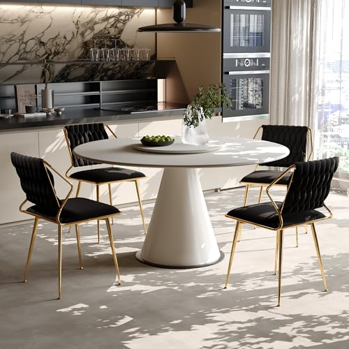 SUNFECILI Esszimmerstühle im 2er-Set,Samt Küchenstühle, Polsterstühle, Küchenstühle mit goldenen Metallbeinen und geflochtener Rückenlehne,Ergonomisch Gestaltet,stabil und langlebig (Schwarz) von SUNFECILI