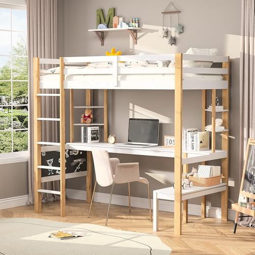 SUNFECILI Kinder Hochbett, 90x200 cm, mit Schreibtisch und Tafel, Stabile Treppe, Modernes Design, Weiß und Holz Farbe, Ohne Matratze von SUNFECILI