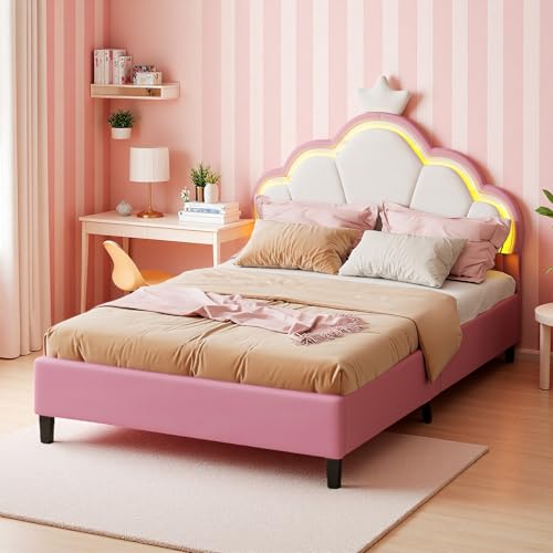 SUNFECILI Kinderbett, Prinzessinnen Bett mit Verstellbarem LED Kopfteil und Lattenrost, Polsterbett Mädchenbett mit Rückenlehne, PU-Leder Polsterung (140×200cm-c) von SUNFECILI
