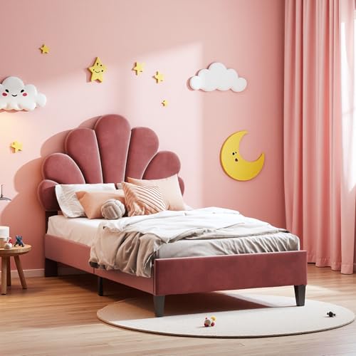SUNFECILI Kinderbett, Prinzessinnen Bett mit Verstellbarem LED Kopfteil und Lattenrost, Polsterbett Mädchenbett mit Rückenlehne, PU-Leder Polsterung (90×200cm-f) von SUNFECILI