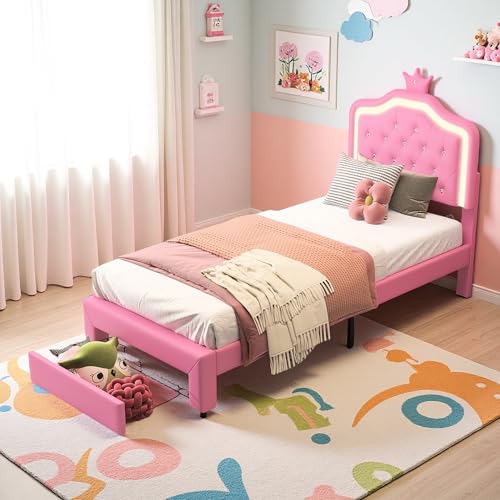 SUNFECILI Kinderbett, Prinzessinnen Bett mit Verstellbarem LED Kopfteil und Lattenrost, Polsterbett Mädchenbett mit Rückenlehne, PU-Leder Polsterung (90×200cm-i) von SUNFECILI