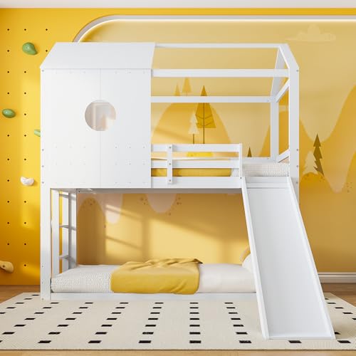 SUNFECILI Kinderbett Etagenbett 90x200 cm, Hausbett mit Fenstern und Rutsche, Doppel Hochbett mit Rausfallschutz und Lattenrost, Ohne Matratze, Massivholz, Weiß SUNFECILI Kinderbett Etagenbett 90x200 cm, Hausbett mit Fenstern und Rutsche, Doppel Hochbett mit Rausfallschutz und Lattenrost, Ohne Matratze, Massivholz, Weiß von SUNFECILI