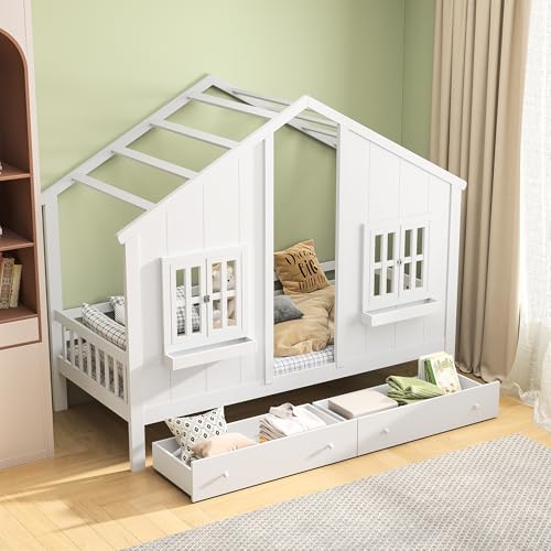 SUNFECILI Kinderbett Hausbett 90x200 cm mit Tafel, Einzelbett in Hausform,Kiefernholz Kinder Bett mit Rausfallschutz und Lattenrost, Weiß (Bett mit Fenster) von SUNFECILI