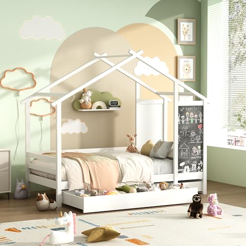 SUNFECILI Kinderbett Hausbett 90x200 cm mit Tafel, Einzelbett in Hausform,Kiefernholz Kinder Bett mit Rausfallschutz und Lattenrost, Weiß (Bett nur mit Tafel) von SUNFECILI
