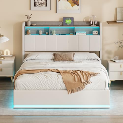 SUNFECILI Polsterbett 140 x 200 cm mit LED,Modernes Doppelbett mit Stauraum und Lattenrost,Kopfteil mit USB-Ladefunktion,Weiß,Ohne Matratze von SUNFECILI